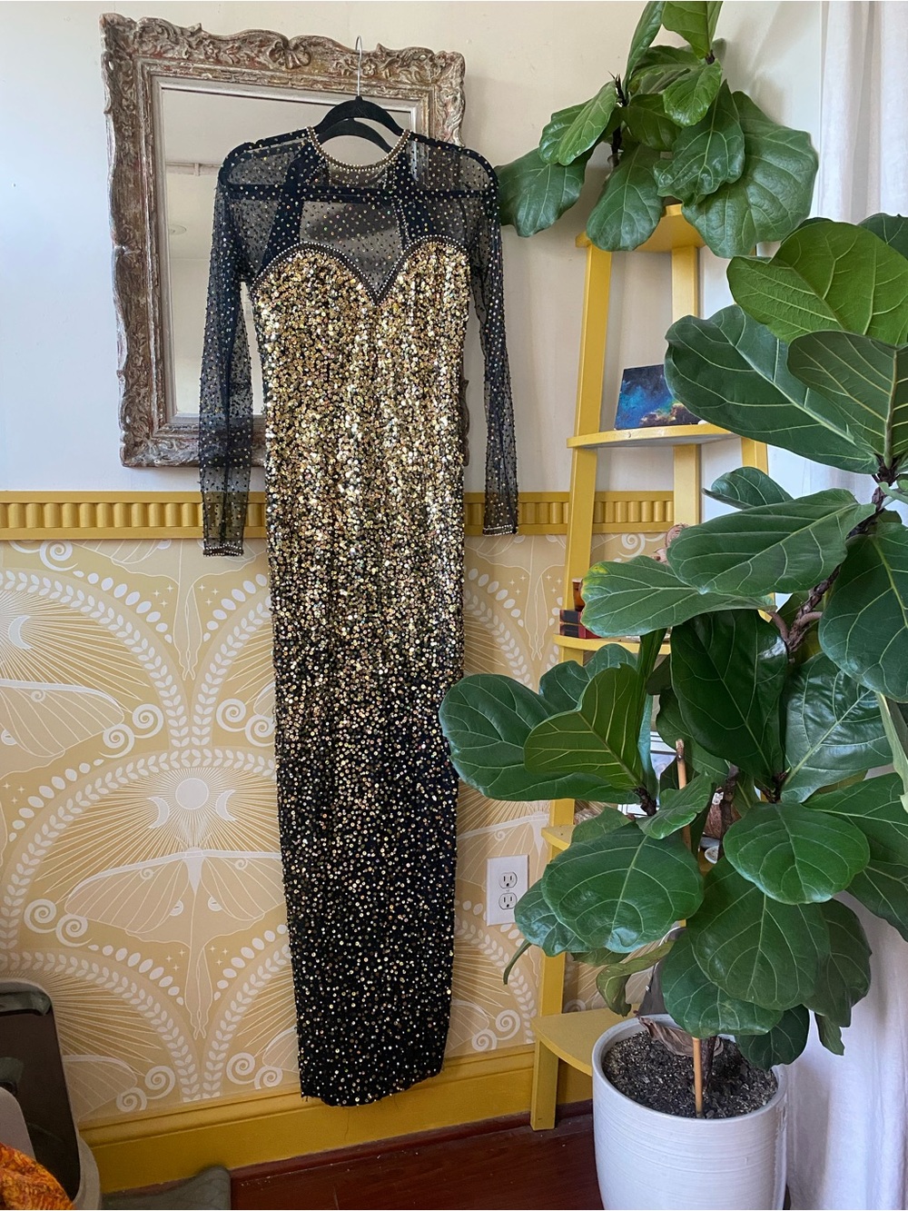 Black and Gold Sequin Long Sleeve Evening Gown